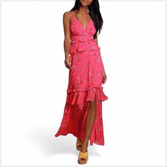 Lulus Sunshine Bouquet Fuchsia Pink Floral Print Ruffled Maxi Feminine Dress M - Picture 1 of 8